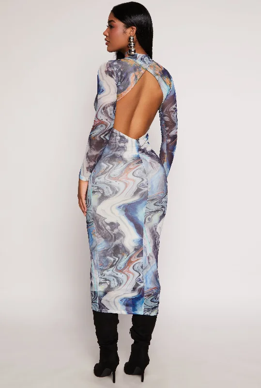 Evening Elegance Almost Famous Mesh Swirl Print Open Back Dress