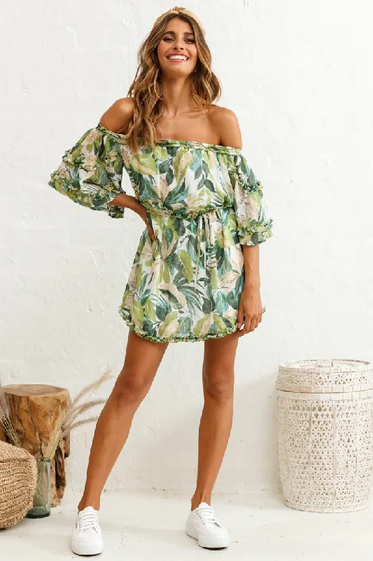 Women's Clothing Renoir Off-Shoulder Frill Trim Dress Leaf Print White/Green