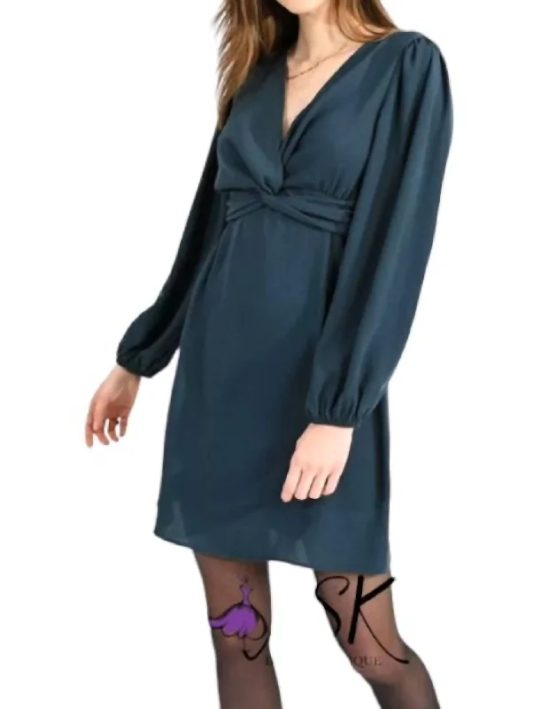 Earthy Tones Twist Front Dress In Duck Blue