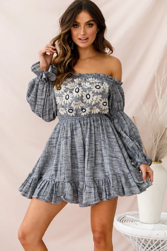 Women's Clothes For Special Occasions Kayla Off-Shoulder Daisy Embroidered Dress Blue