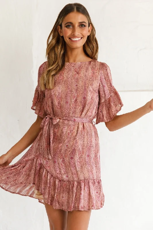 Sales For Clothes Azealia Ruffle Hem Dress Diamond Print Wine
