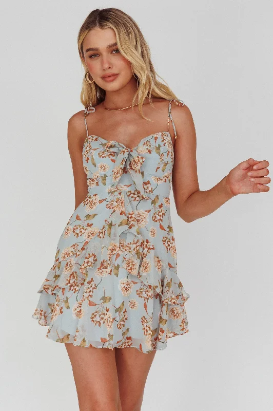 Trendy Outfits For Ladies Flower Child Bust Tie Ruffle Trim Dress Roses Blue
