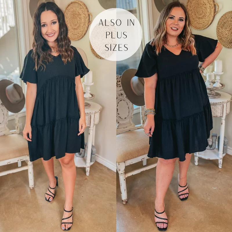 Women's Party Outfit Waiting on Wednesday Short Sleeve Tiered Babydoll Dress in Black