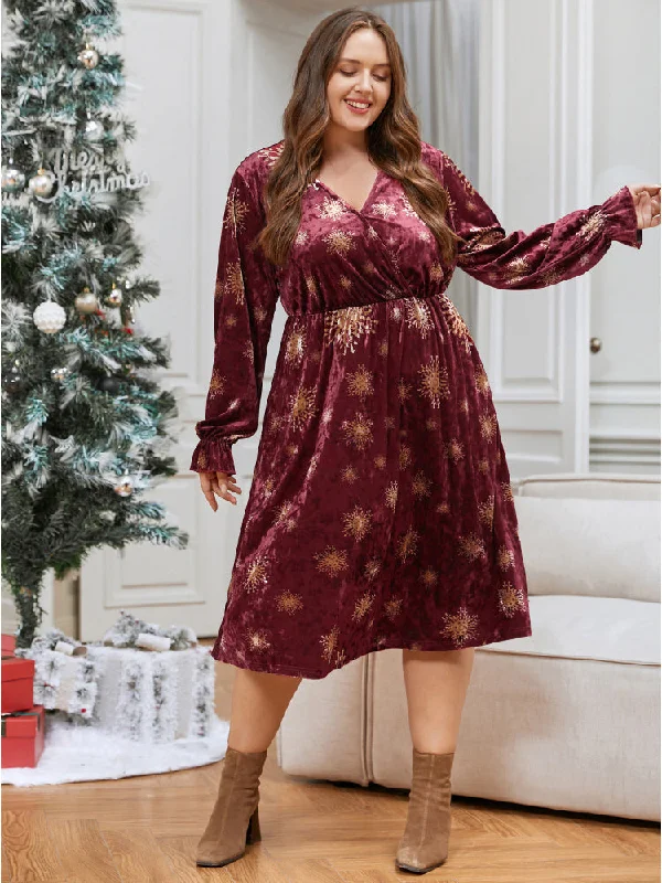 Trendy Athleisure Clothing For Women Snowflake Print Surplice Neck Pocket Ruffle Velvet Dress