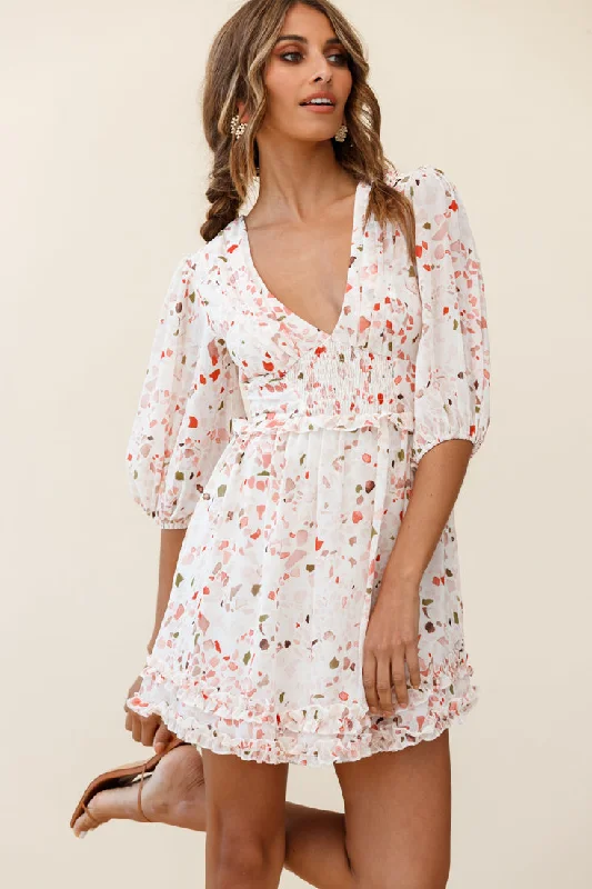 Exclusive Women's Fashion Collection Born Free Shirring Detail Frill Trim Dress Pink Multi