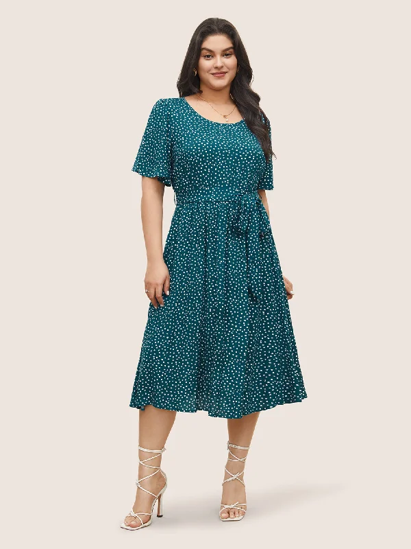 Women's Activewear Garments Polka Dot Belted Flutter Sleeve Crew Neck Dress
