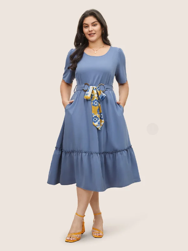 Best Clearance Sales Right Now Solid Frill Trim Buckle Detail Belted Dress