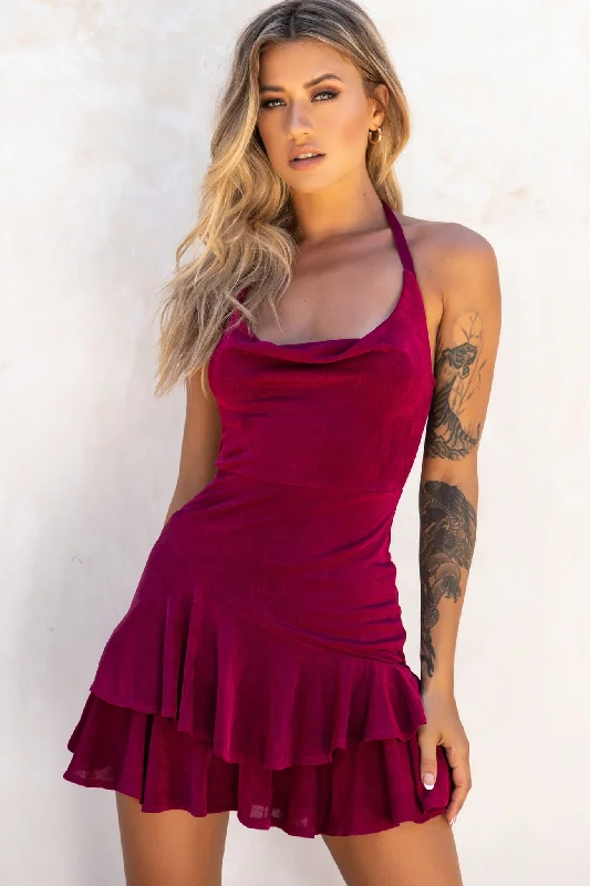 Comfy Women's Outfits for Daily Wear Bring On The Night Cowl Halterneck Dress Plum