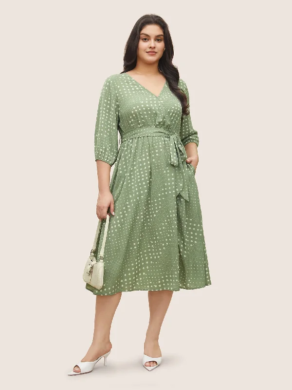 Casual Clothes For Women Polka Dot Overlap Collar Belted Lantern Sleeve Dress