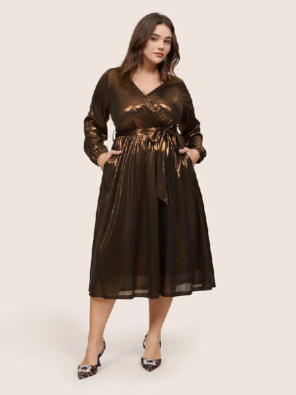 Women's Work Outfit Metallic Belted Wrap Lantern Sleeve Dress
