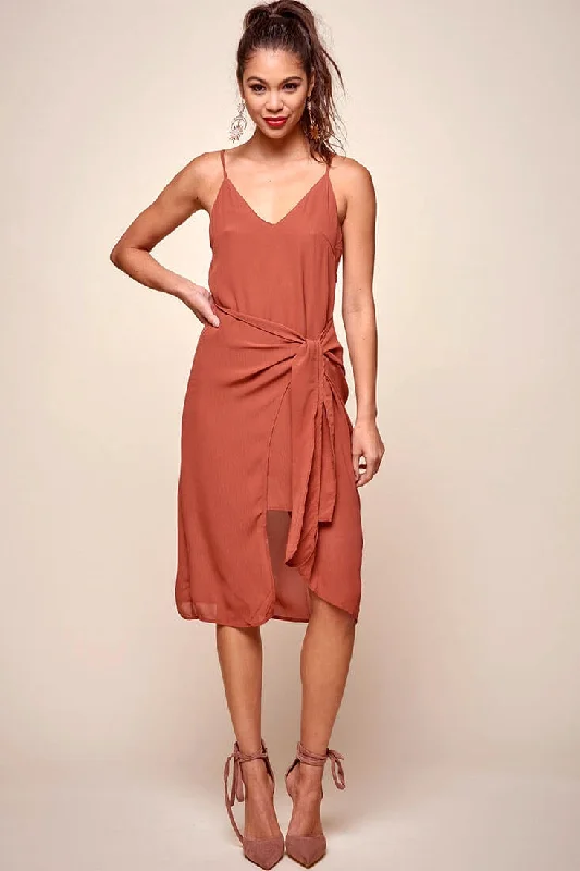 Women's Party Clothes Allyson Waist Tie Slip Dress Rust
