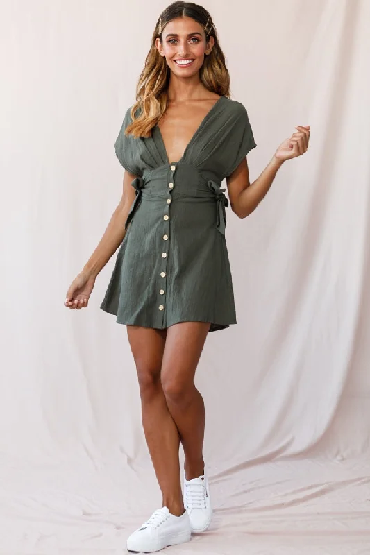 Woman Clothing Dara Button Accent Dress Green Khaki