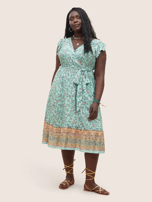 Women's Casual Wear Outfit Bandana Ruffles Wrap Elastic Waist Belted Dress