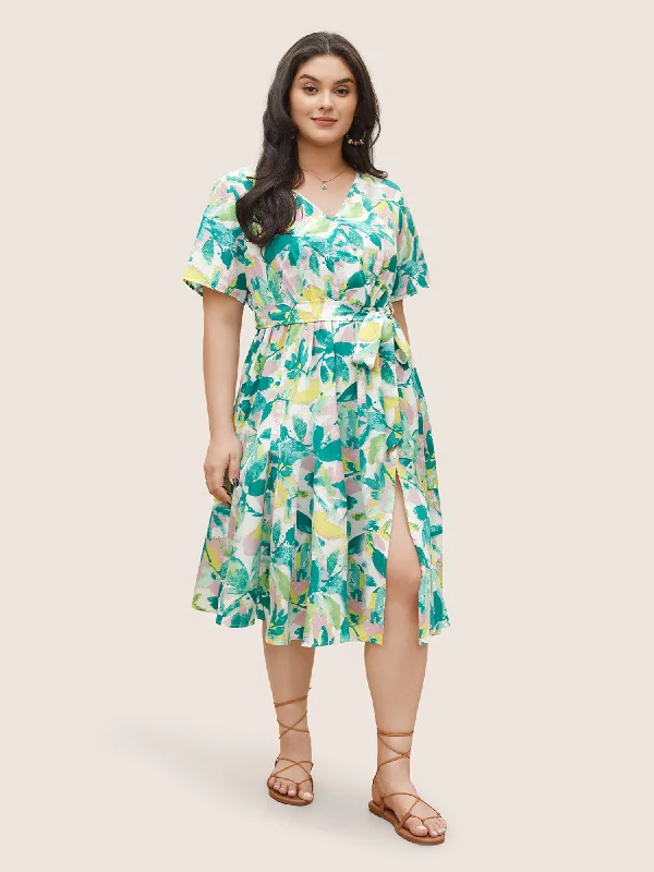 Fashion-Forward Women's Clothing Overlap Collar Plants Print Elastic Waist Belted Dress
