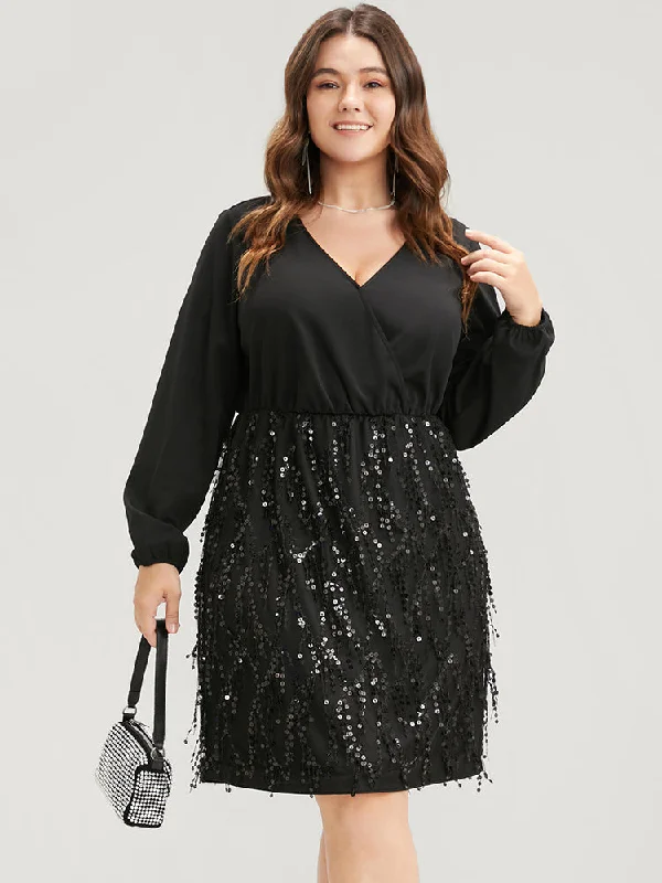 Shop Ladies Clothes Solid Patchwork Wrap Sequin Tassel Detail Dress