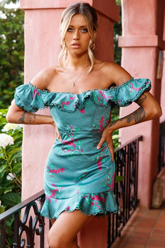 Women's Relaxed Clothes Bobby Bardot Neckline Puff Sleeve Dress Flower Spring Print Sage Women's Relaxed Clothes Bobby Bardot Neckline Puff Sleeve Dress Flower Spring Print Sage