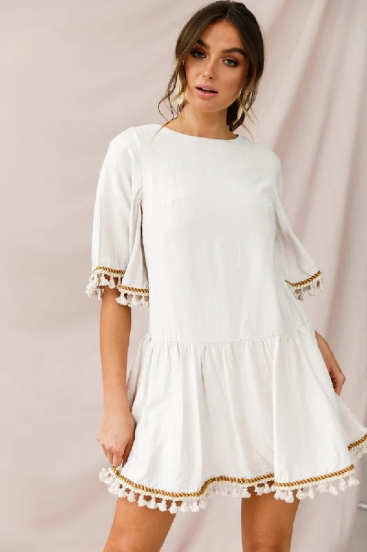 Women's Plus-Size Casual Outfit Donna Dropped Waist Tassel Dress Beige