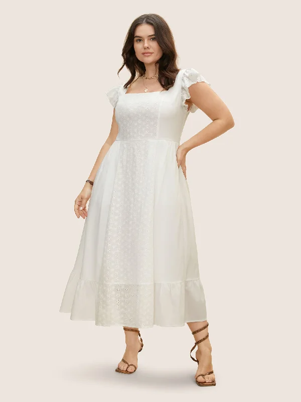 Women Clothing Square Neck Broderie Anglaise Ruffle Cap Sleeve Dress