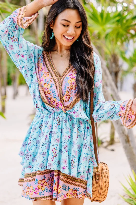 Fashionable Women's Clothes Make The News Aqua Blue Mixed Print Dress