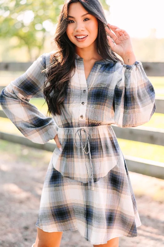 Women's Evening Clothing More Than Love Navy Blue Plaid Dress