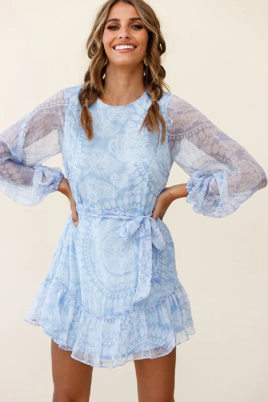 Plus-Size Women's Garments Always & Forever Long Balloon Sleeve Crew Neck Dress Paisley Print Blue