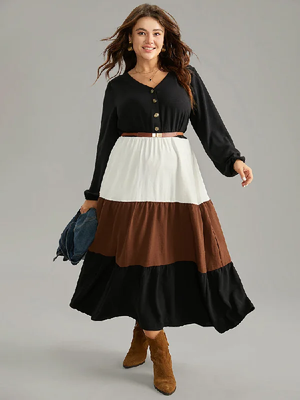 Stylish Women's Garments For Holidays Colorblock Patchwork Lantern Sleeve Button Detail Dress