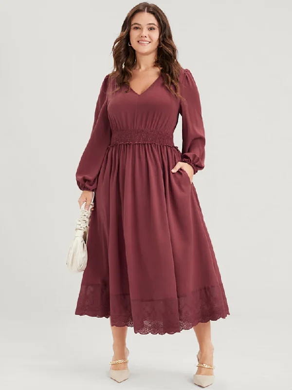 Versatile Women's Clothing for All Occasions Solid Pocket Lantern Sleeve Patchwork Ruffled Shirred Dress