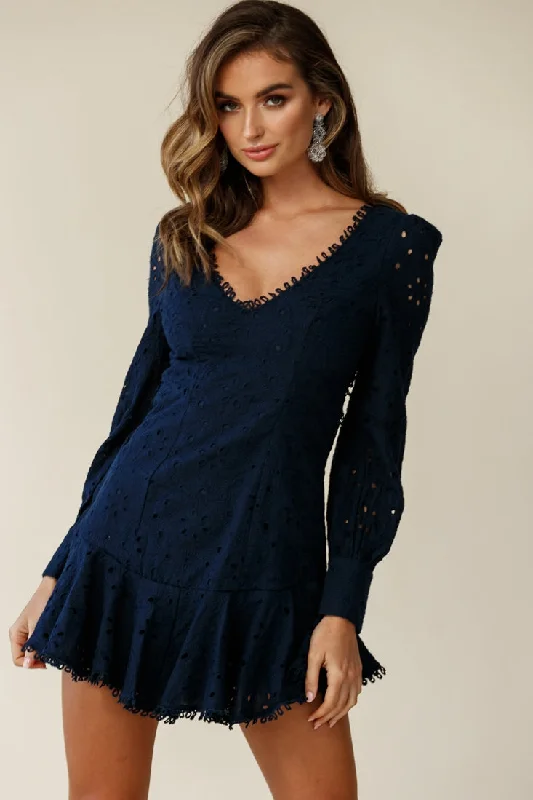 Affordable Women's Garments Camellia Open Back Cuff Sleeve Dress Anglaise Navy