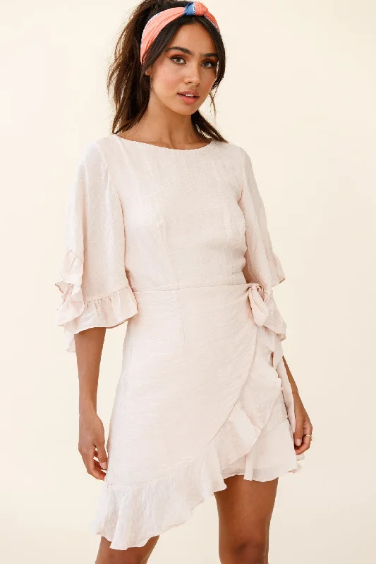 Women's Travel Garments Make It Happen Flared Sleeve Ruffle Trim Dress Beige