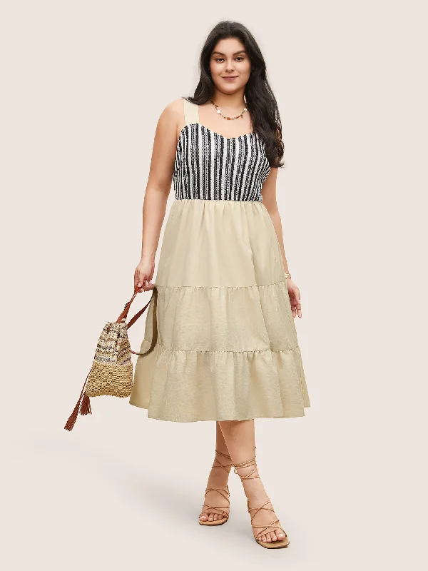 Outlet Clothing Striped Patchwork Ruffle Layered Hem Dress