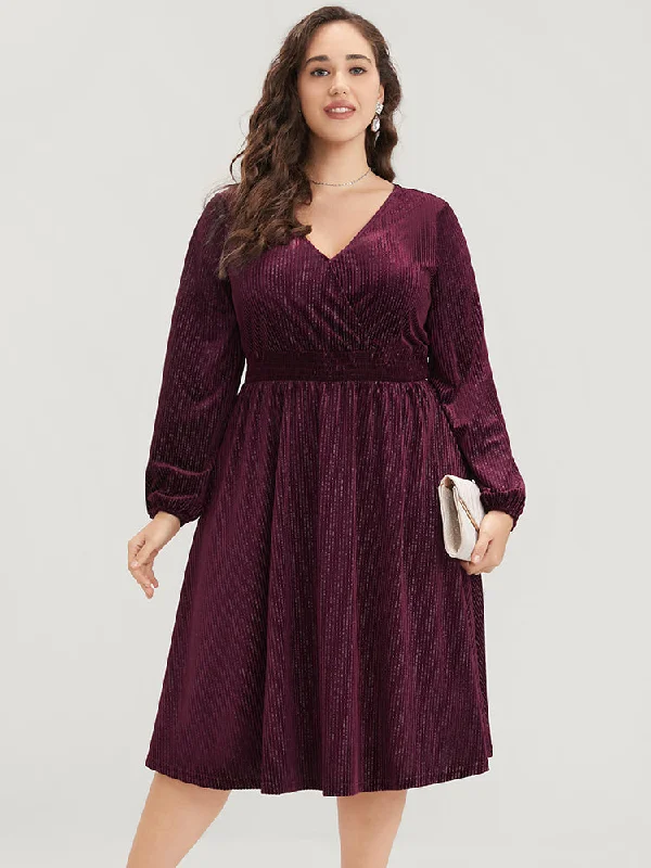 Chic Clothes For Women Glitter Lantern Sleeve Surplice Neck Shirred Dress