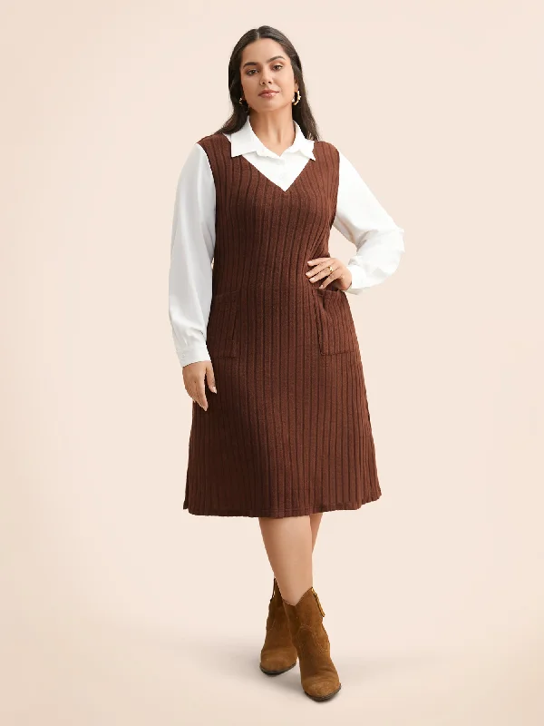 Casual Garments For Women Shirt Collar Rib Knit Patchwork Dress