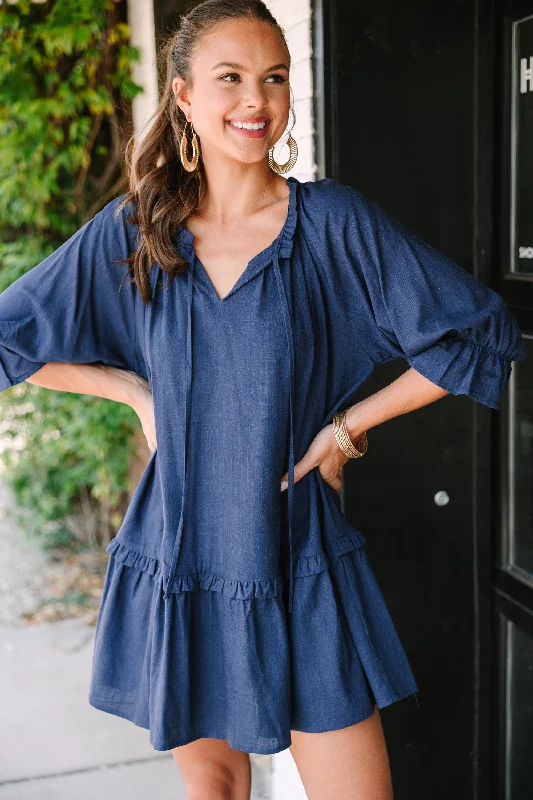 Charming Women's Garments Always In The Lead Navy Blue Linen Dress