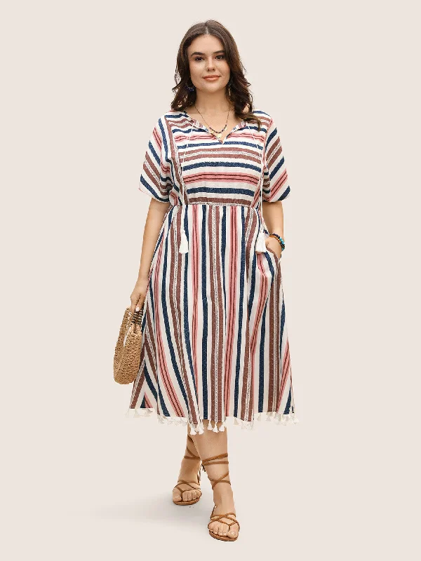 Women's Clothes And Garments Striped Elastic Waist Tassel Trim Gathered Dress