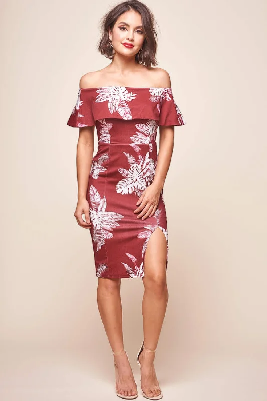Vibrant Femme Fashion Alina Tiered Off Shoulder Dress Wine Base