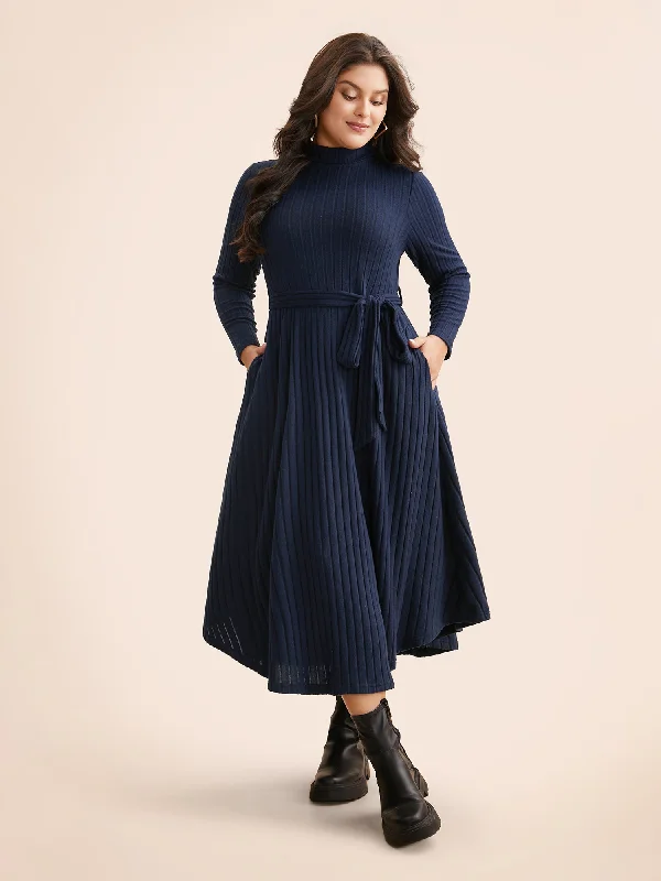 Plus-Size Women's Garments Plain Turtleneck Arc Hem Belted Dress
