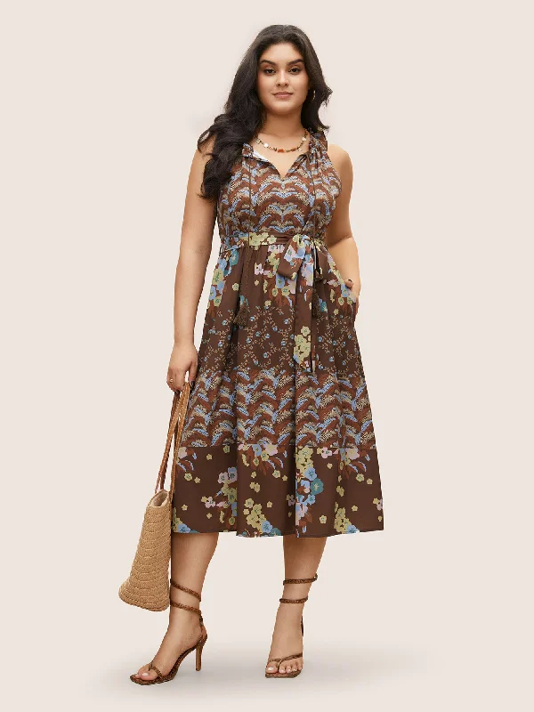 Comfortable Clothes Bandana Tie Neck Belted Tassel Trim Dress