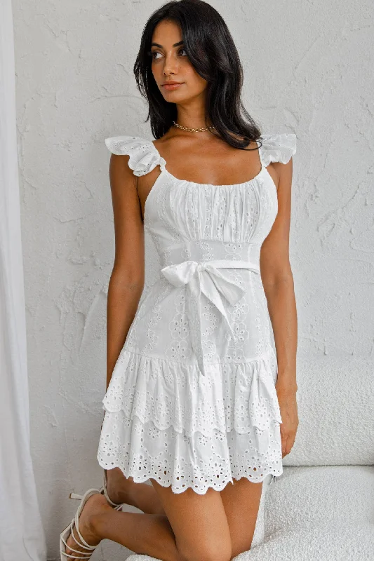 Sophisticated Women's Fashion Fairytale Ending Ruffle Strap Eyelet Dress White