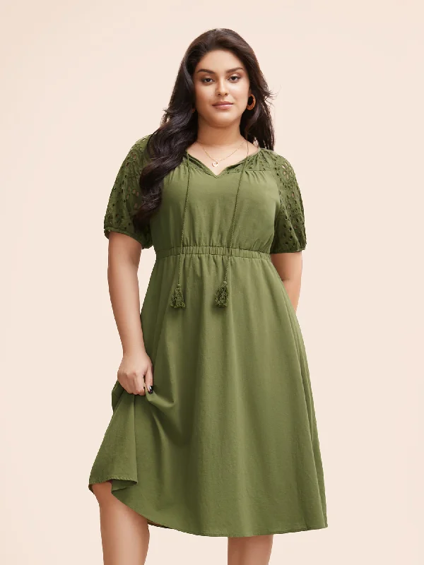 Modern Women's Clothes Broderie Anglaise Tassels Tie Knot Dress