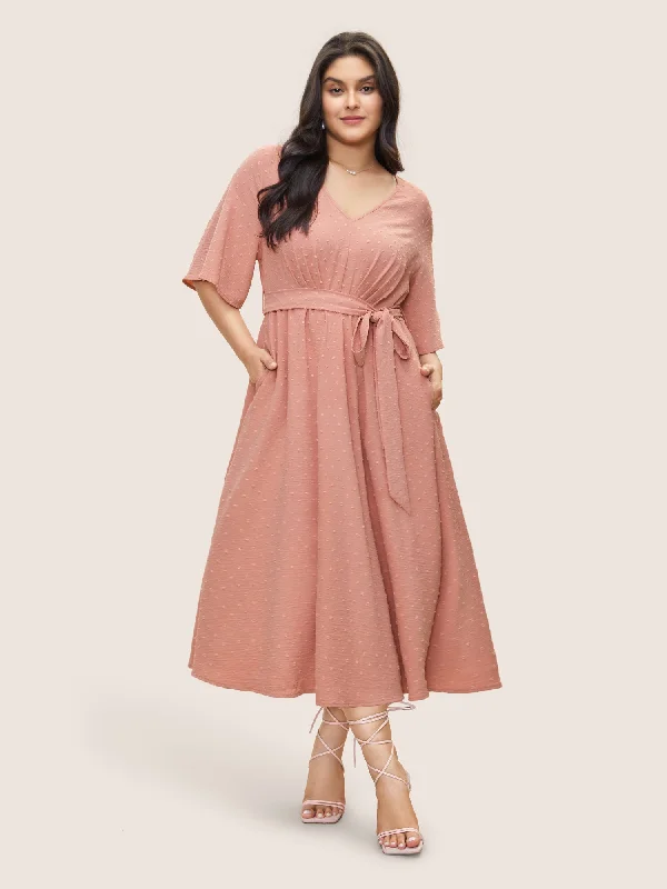 Clothing Sales Solid Texture Belted Ruffle Sleeve Dress