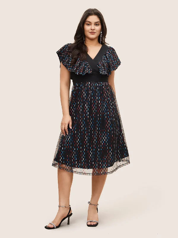 Stylish Clothes For Women Sequin Patchwork Pocket Flutter Cap Sleeve Dress