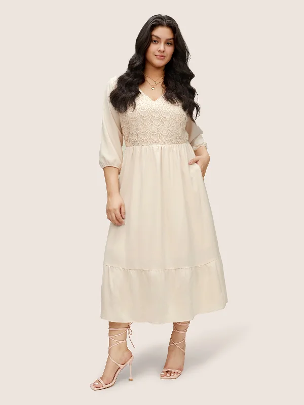 Must-Have Styles Guipure Lace Lantern Sleeve Elastic Waist Dress