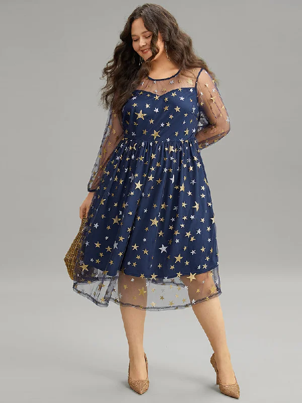 Best Online Women's Boutiques Glitter Star Mesh Crew Neck Dress