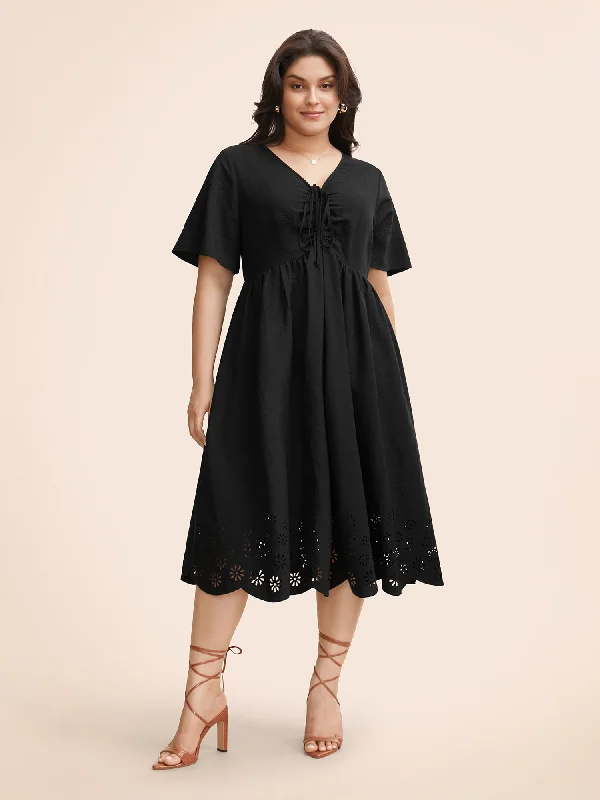 Women's Athletic Clothes V Neck Drawstring Laser Cut Dress