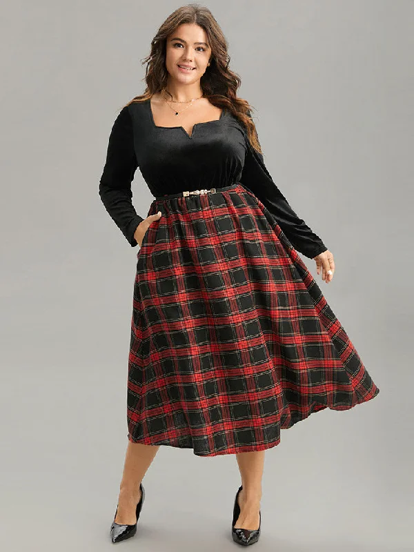 Women's Holiday Outfit Christmas Plaid Velvet Belted Contrast Notched Dress