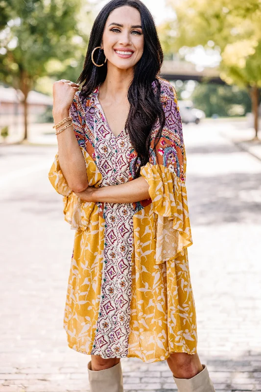 Women's Vacation Outfit Let's Go Back Goldenrod Yellow Mixed Print Dress