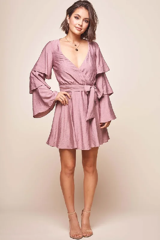 Fashionable Casual Tops Bellini Tiered Ruffle Sleeve Dress Mauve