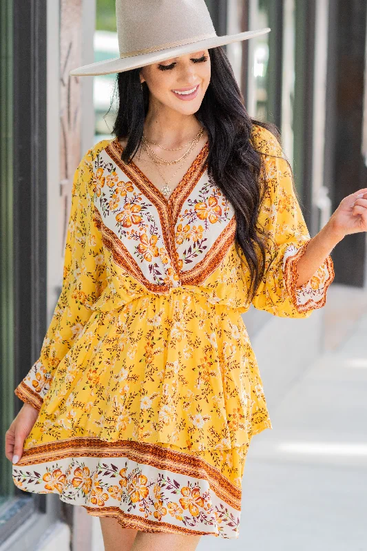 Timeless Women's Clothing Make The News Mustard Yellow Mixed Print Dress