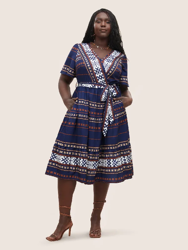 Clothes For Woman Boho Print Wrap Flutter Sleeve Belted Dress