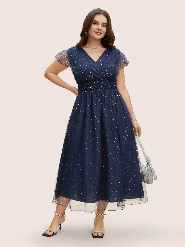 Shop Ladies Clothes Sequin Mesh V Neck Ruffle Cap Sleeve Dress